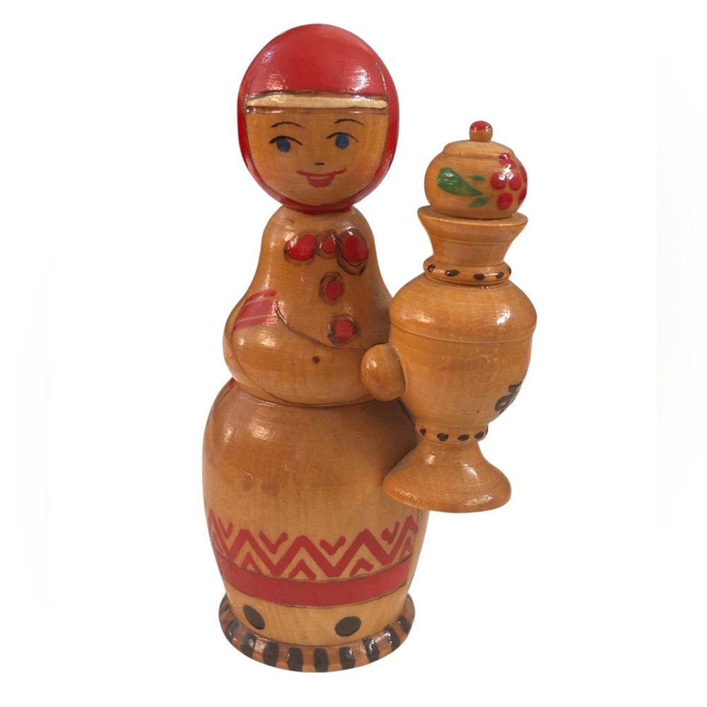 Vintage Russian Handcrafted and painted Wooden Doll with Red Accents